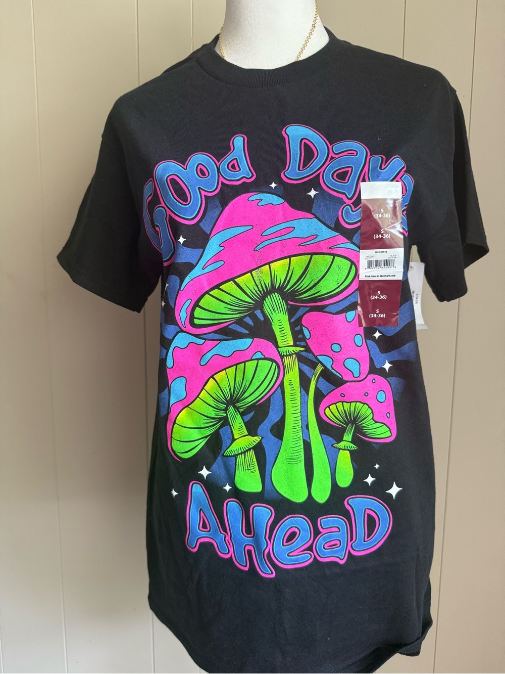 Good Day Ahead Black Graphic Tee with Neon Mushrooms size S